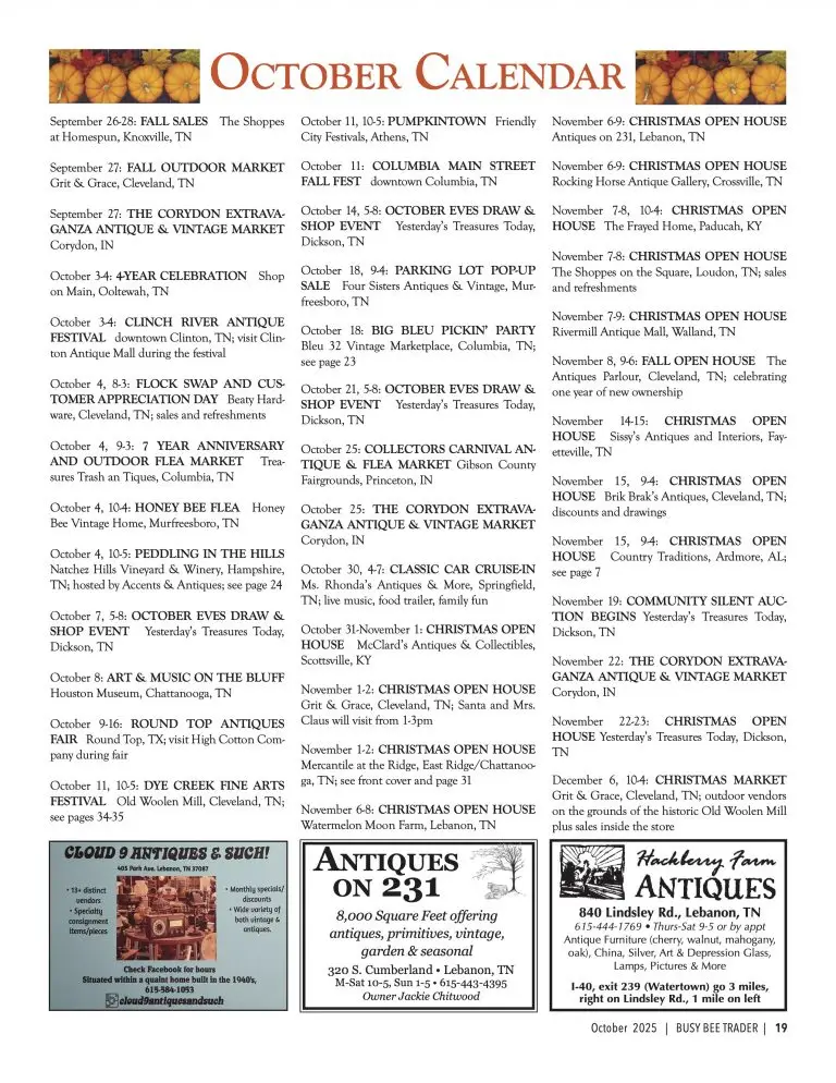 Busy Bee Trader October 2025 Calendar of Events