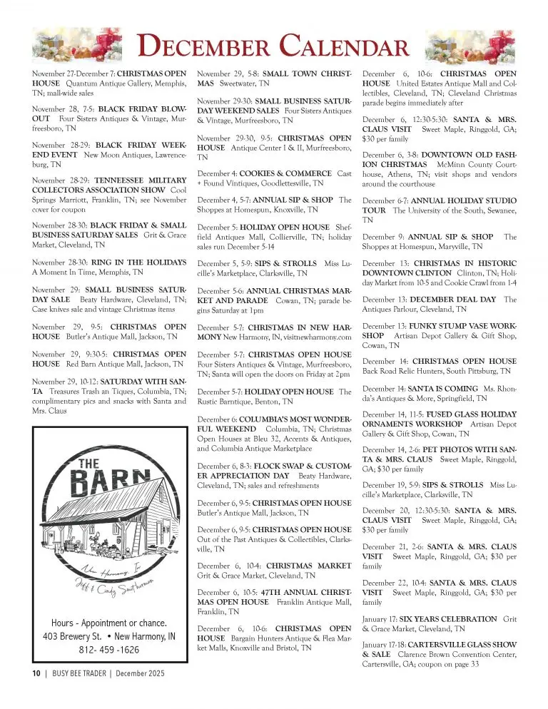 Busy Bee Trader December 2025 Calendar of Events